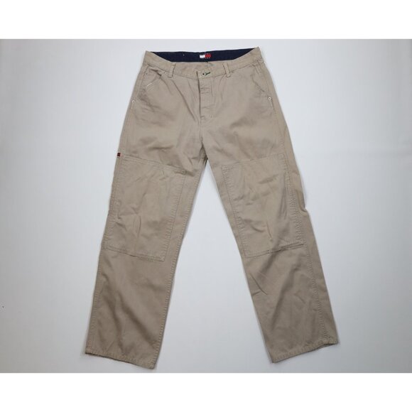 Vtg 90s Tommy Hilfiger Mens 32x30 Button Fly Double Knee Wide Leg Pants Beige - Picture 1 of 16